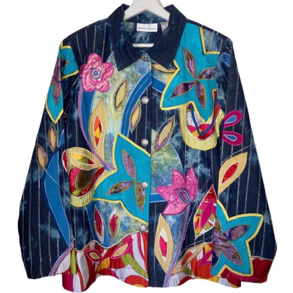 Drapers & Damon's Jean Jacket Women’s XL Multicolor 90s Abstract Floral Rainbow
